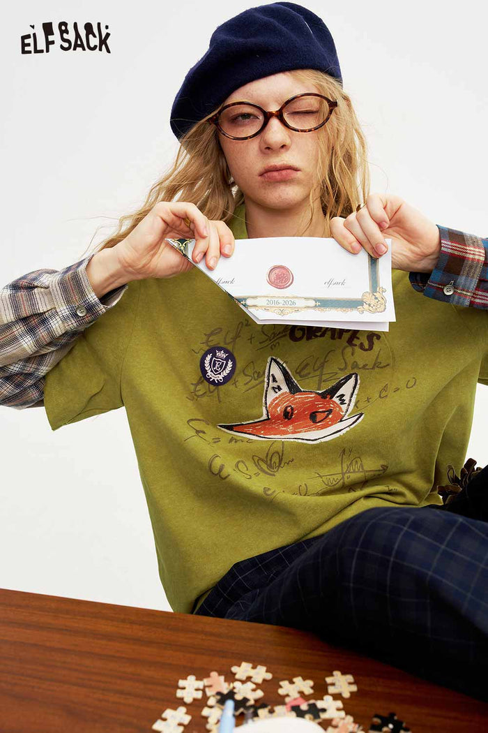 Preppy Faux Two Piece Fox Graphic Plaid Patchwork Long Sleeve Tee