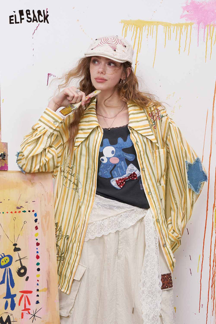 ELFSACK Preppy Graffiti Print Long Sleeve Shirt