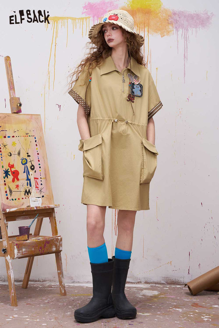 ELFSACK Preppy Khaki Yellow Dress with Patchwork Detail