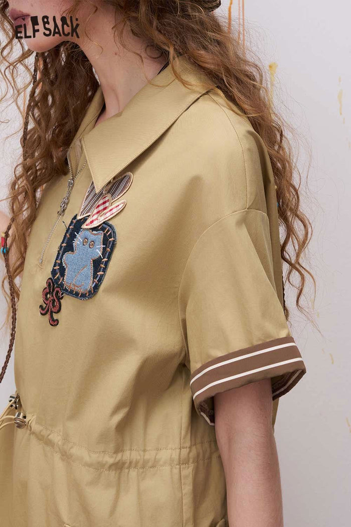ELFSACK Preppy Khaki Yellow Dress with Patchwork Detail