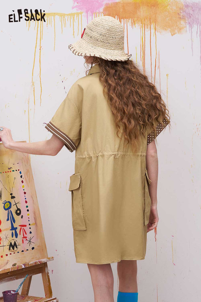 ELFSACK Preppy Khaki Yellow Dress with Patchwork Detail