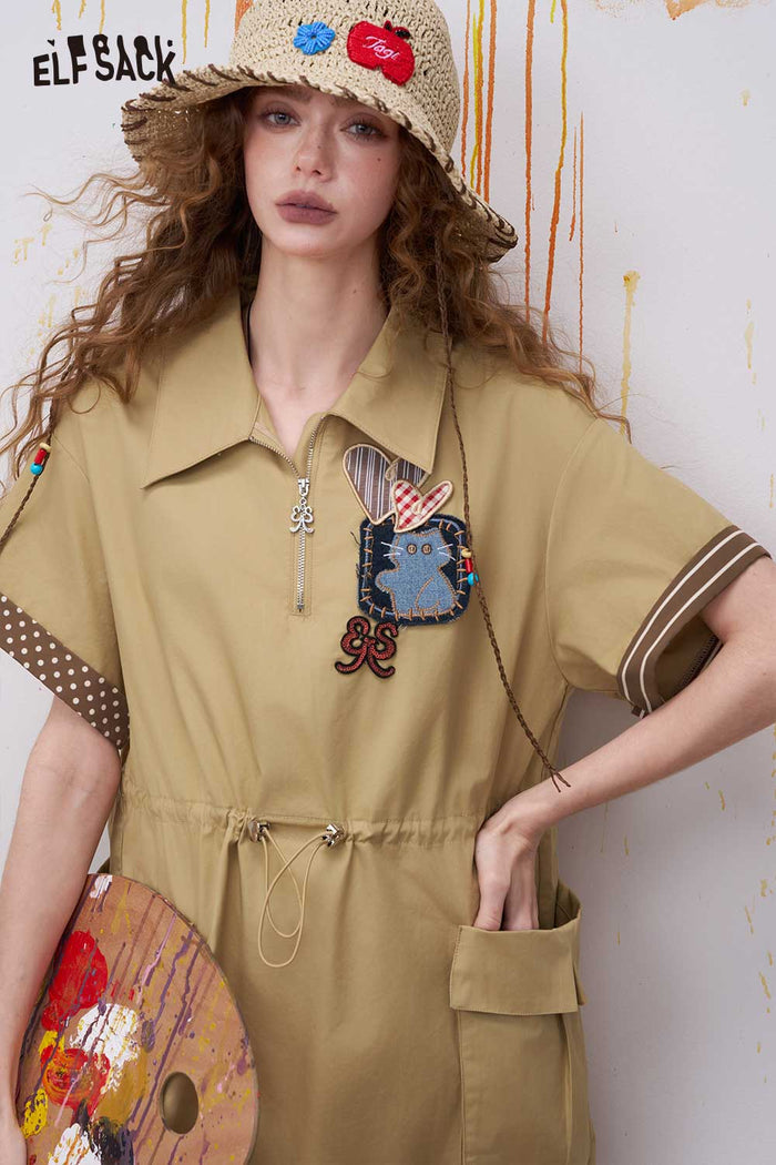 ELFSACK Preppy Khaki Yellow Dress with Patchwork Detail