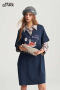 Preppy Mock Two Piece Plaid Patchwork Fox Graphic Dress