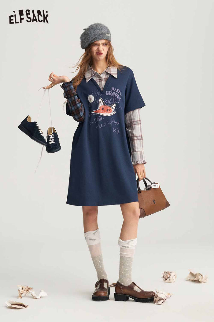 Preppy Mock Two Piece Plaid Patchwork Fox Graphic Dress