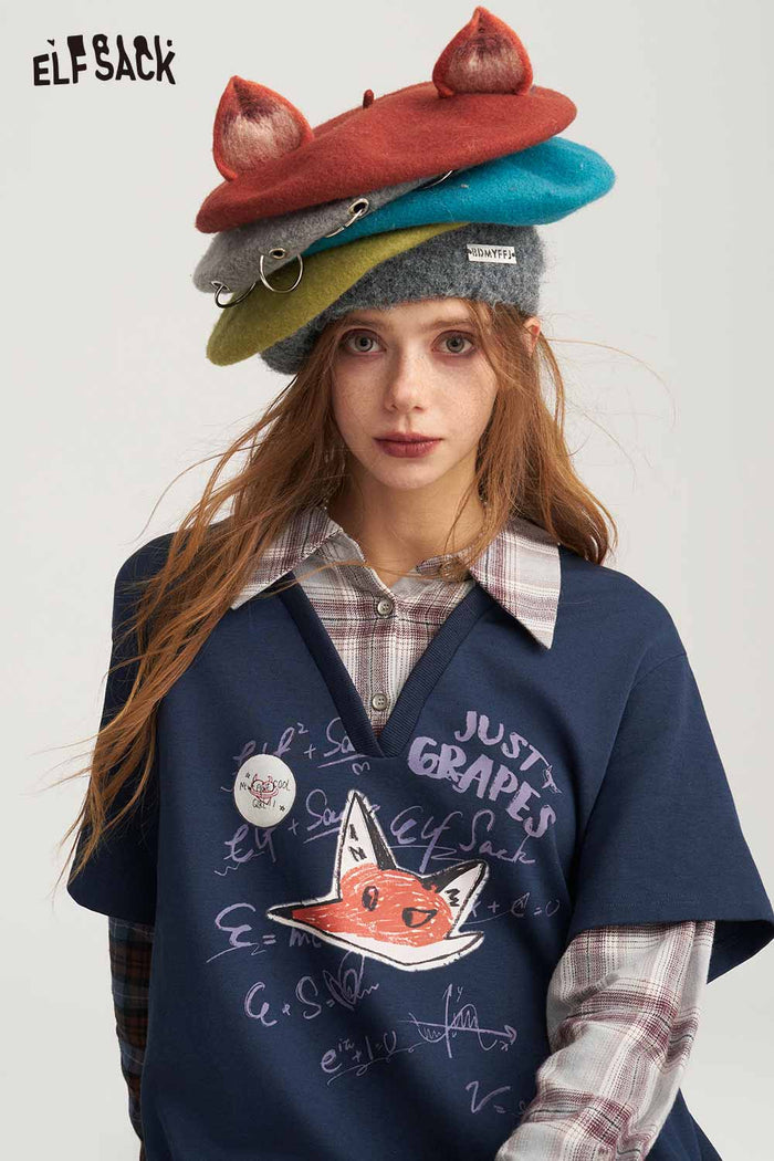 Preppy Mock Two Piece Plaid Patchwork Fox Graphic Dress
