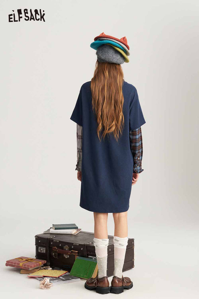 Preppy Mock Two Piece Plaid Patchwork Fox Graphic Dress