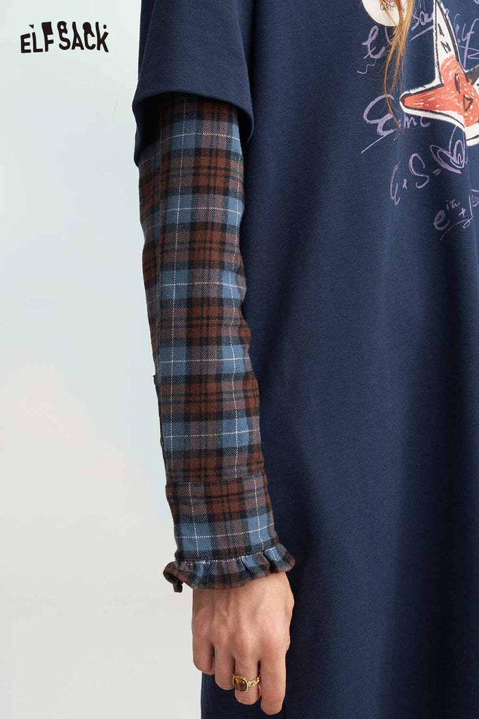 Preppy Mock Two Piece Plaid Patchwork Fox Graphic Dress