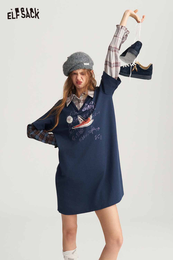 Preppy Mock Two Piece Plaid Patchwork Fox Graphic Dress