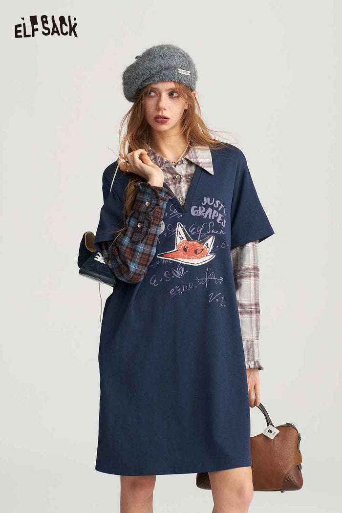 Preppy Mock Two Piece Plaid Patchwork Fox Graphic Dress