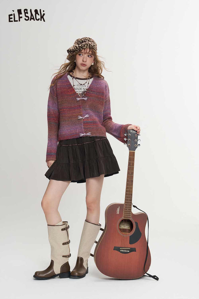 Preppy Ombre Striped Bow Cardigan