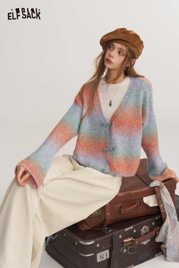 Preppy Ombre Striped Bow Cardigan