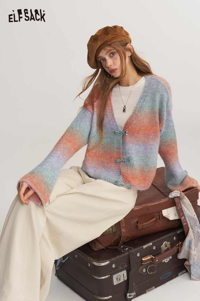 Preppy Ombre Striped Bow Cardigan