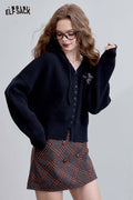 ELFSACK Preppy Soft Embroidery Cropped Hooded Knit Cardigan