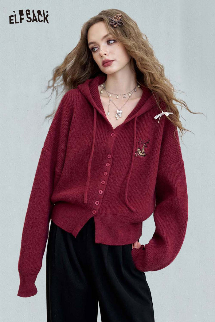 ELFSACK Preppy Soft Embroidery Cropped Hooded Knit Cardigan