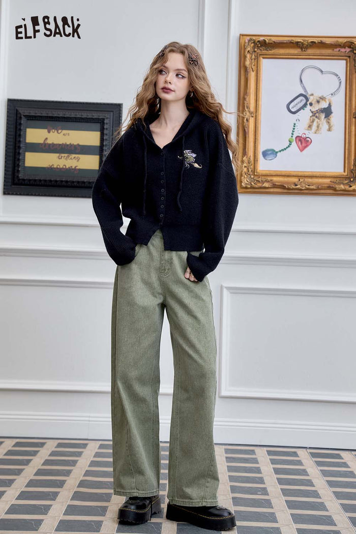 ELFSACK Preppy Soft Embroidery Cropped Hooded Knit Cardigan