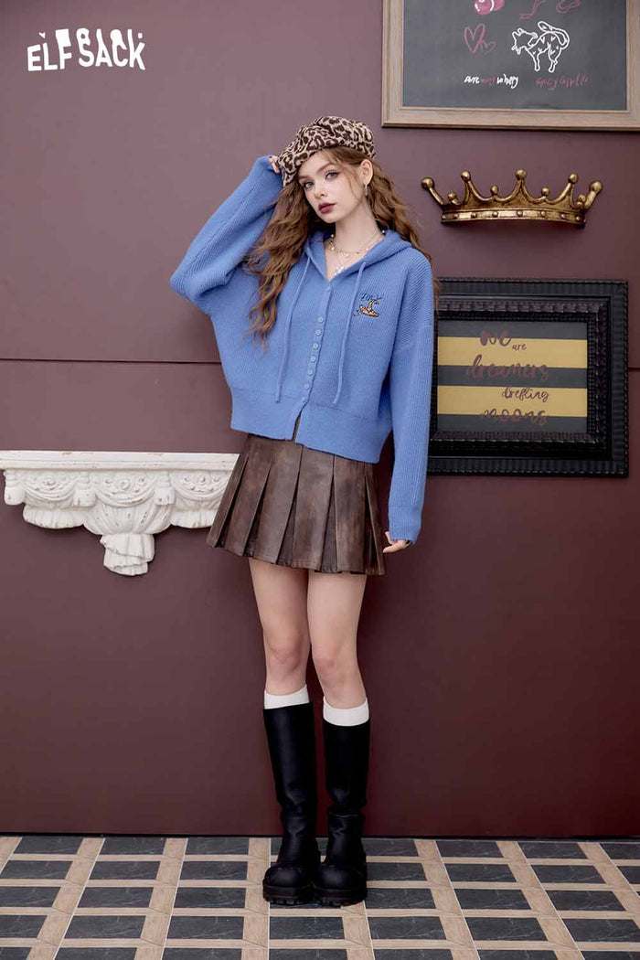 ELFSACK Preppy Soft Embroidery Cropped Hooded Knit Cardigan