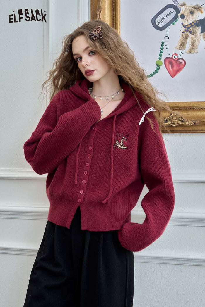ELFSACK Preppy Soft Embroidery Cropped Hooded Knit Cardigan