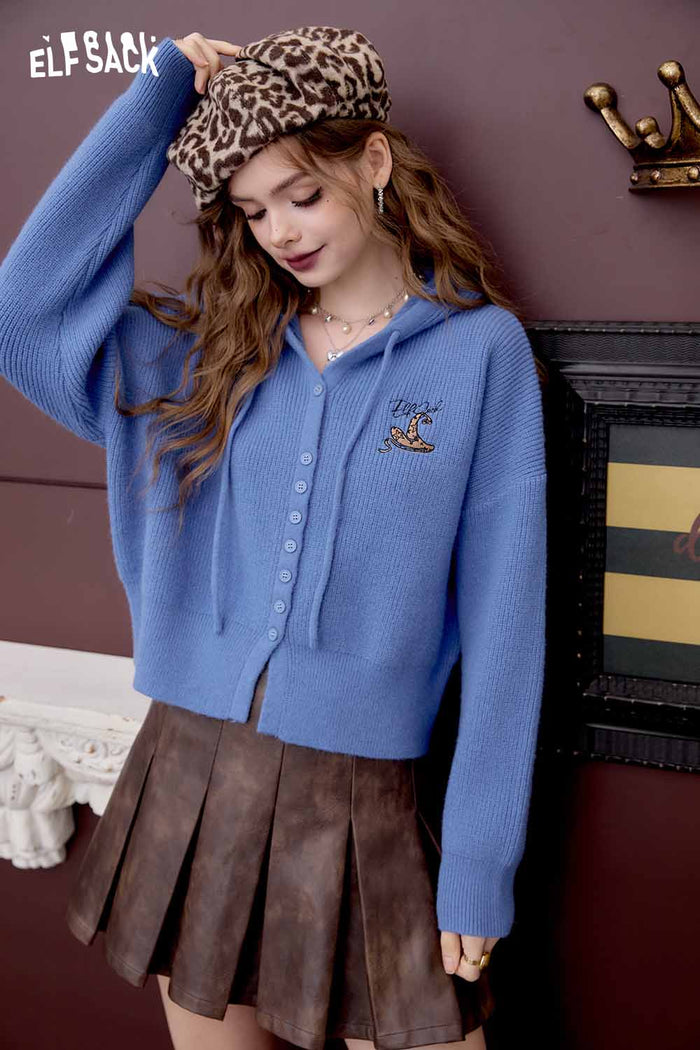 ELFSACK Preppy Soft Embroidery Cropped Hooded Knit Cardigan