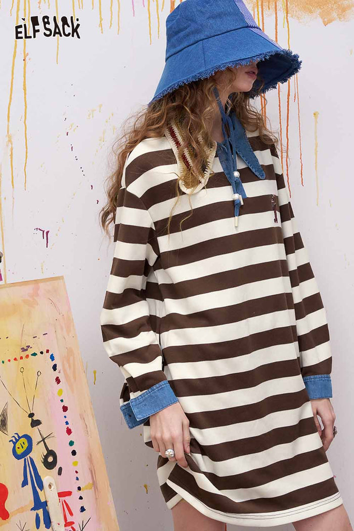ELFSACK Preppy Striped Midi Dress with Asymmetrical Lapel Collar
