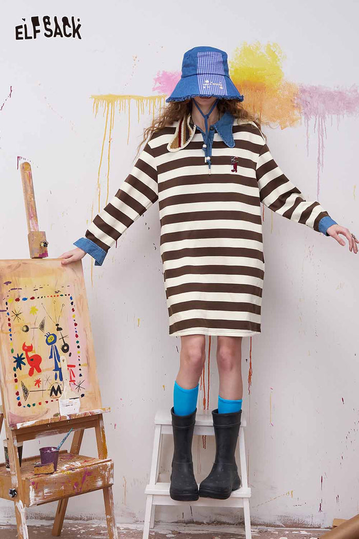ELFSACK Preppy Striped Midi Dress with Asymmetrical Lapel Collar