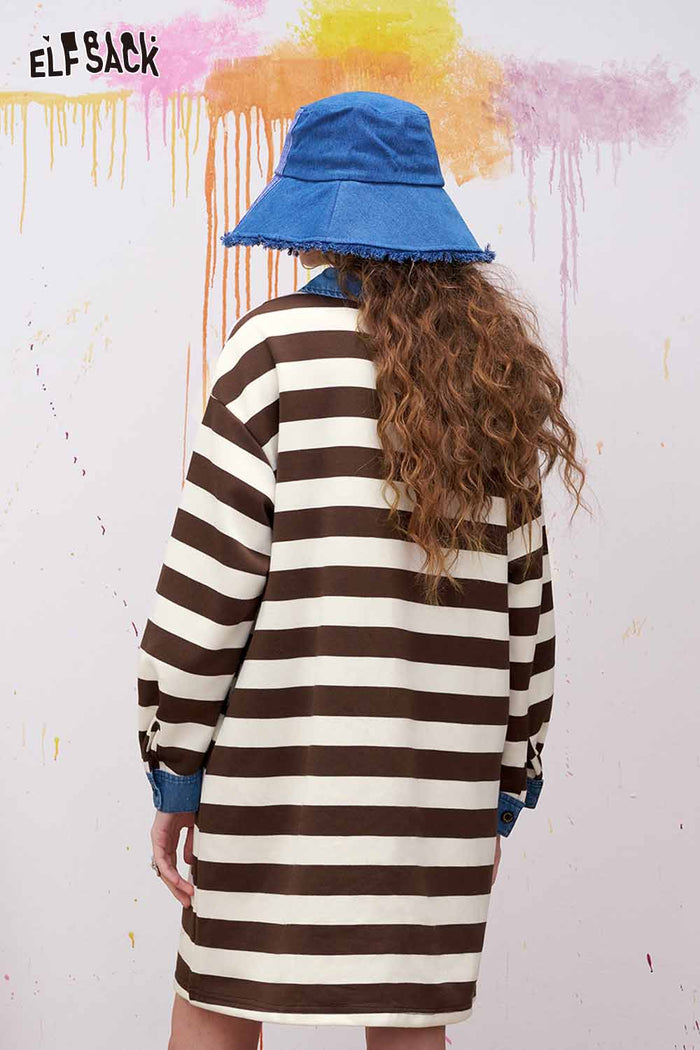 ELFSACK Preppy Striped Midi Dress with Asymmetrical Lapel Collar
