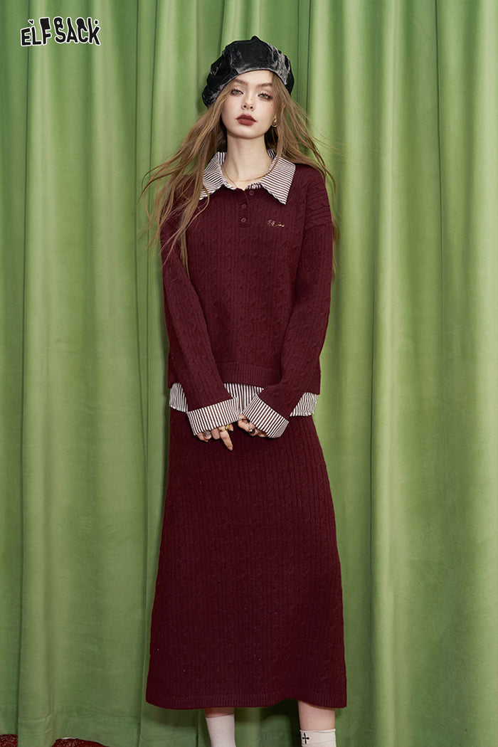 ELFSACK preppy style crimson skirt sweater two piece set