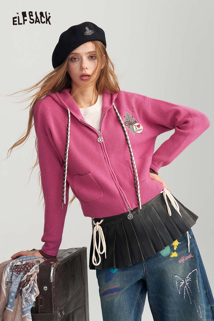 Preppy Zip Up Hooded Cardigan with Argyle Letter Print