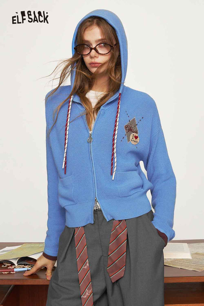 Preppy Zip Up Hooded Cardigan with Argyle Letter Print