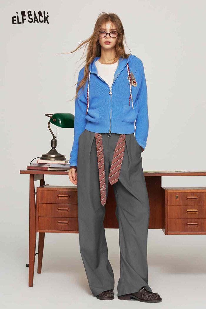 Preppy Zip Up Hooded Cardigan with Argyle Letter Print