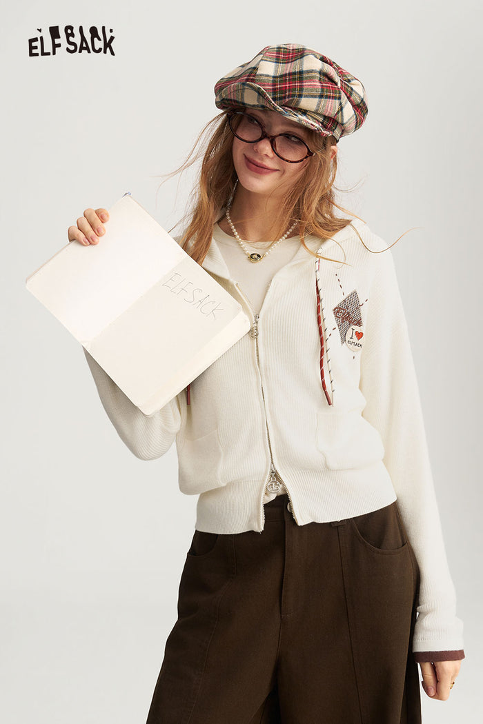 Preppy Zip Up Hooded Cardigan with Argyle Letter Print