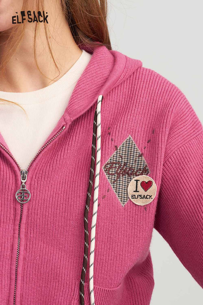 Preppy Zip Up Hooded Cardigan with Argyle Letter Print