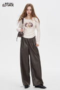 ELFSACK PU Leather Crinkle Texture Minimalist Design Relaxed Fit Trousers