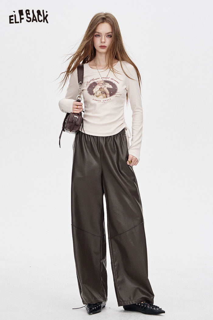 ELFSACK PU Leather Crinkle Texture Minimalist Design Relaxed Fit Trousers