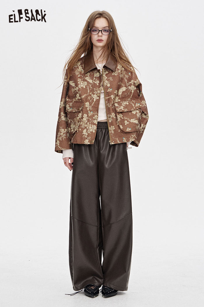 ELFSACK PU Leather Crinkle Texture Minimalist Design Relaxed Fit Trousers