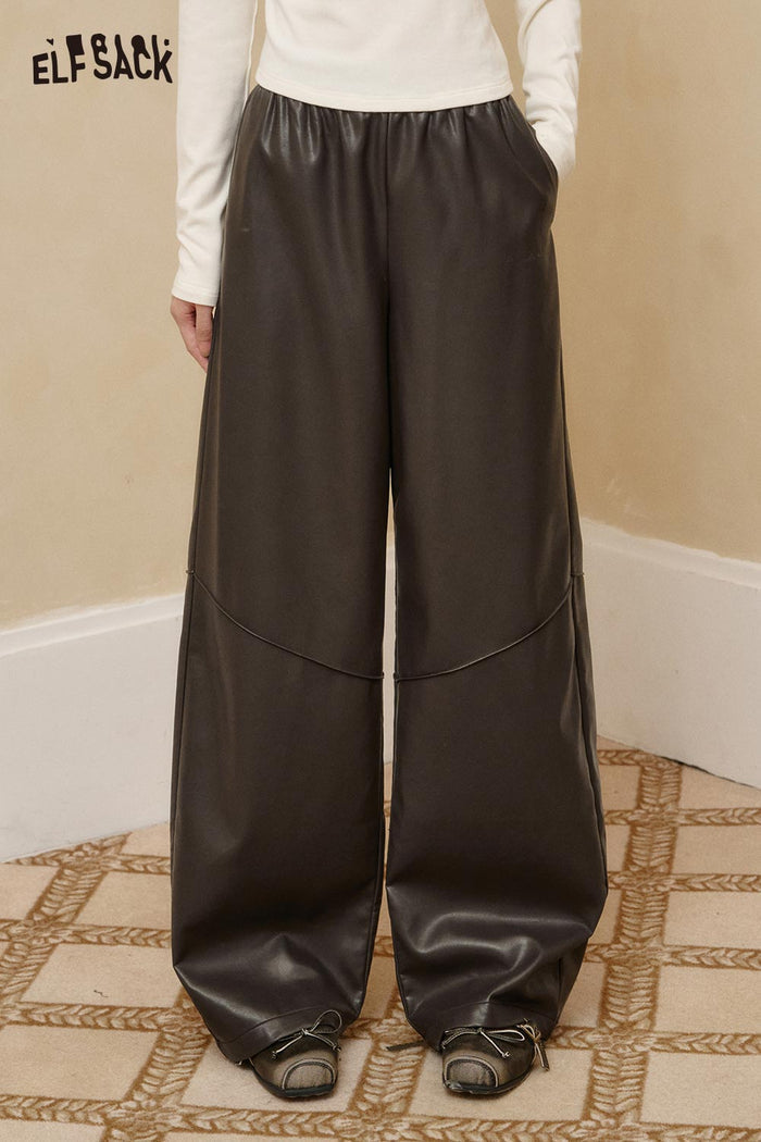 ELFSACK PU Leather Crinkle Texture Minimalist Design Relaxed Fit Trousers