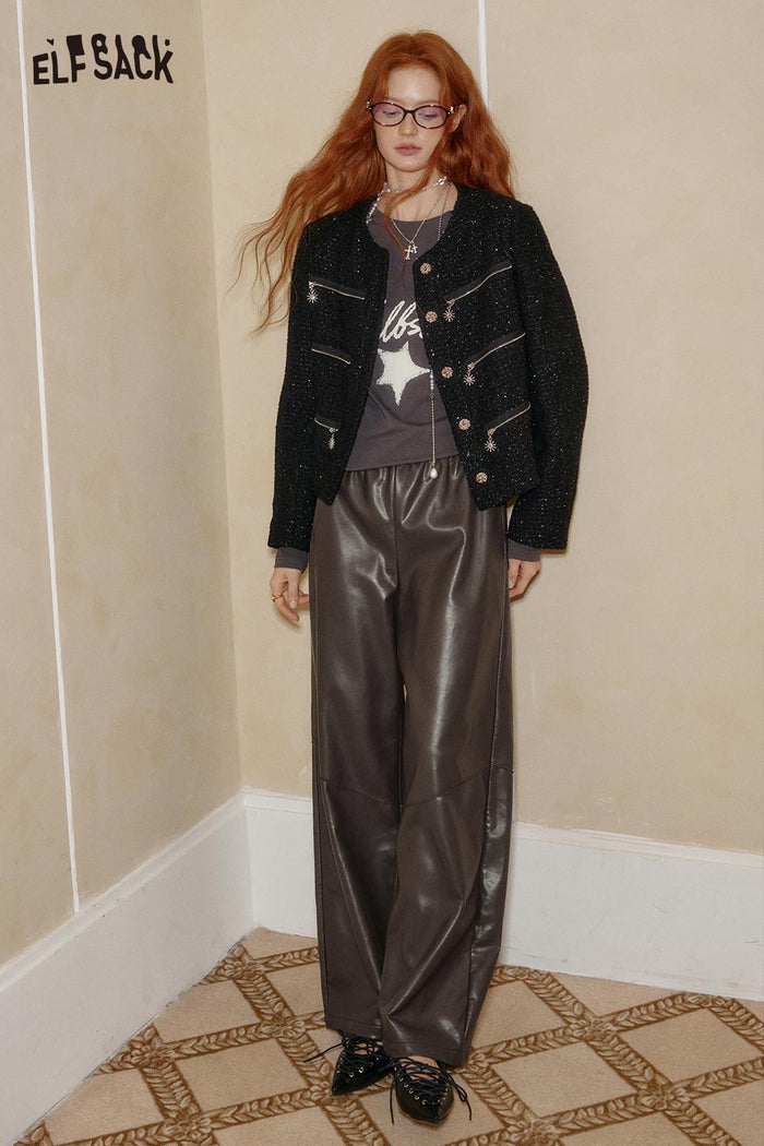 ELFSACK PU Leather Crinkle Texture Minimalist Design Relaxed Fit Trousers