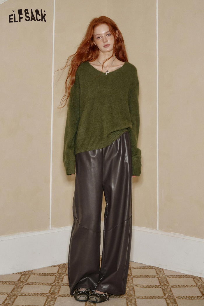 ELFSACK PU Leather Crinkle Texture Minimalist Design Relaxed Fit Trousers