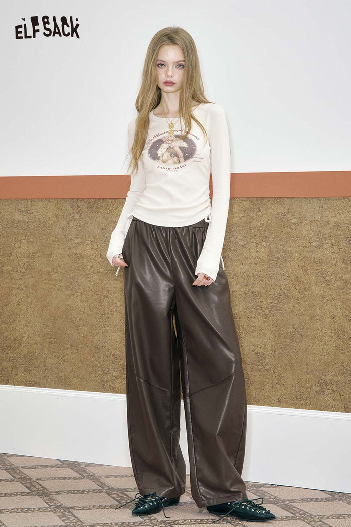 ELFSACK PU Leather Crinkle Texture Minimalist Design Relaxed Fit Trousers