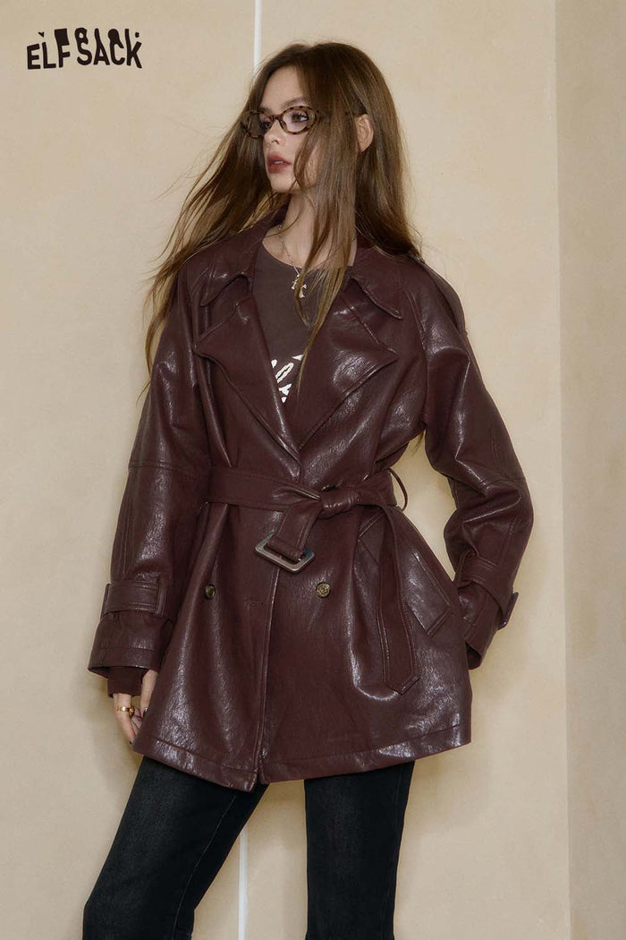 ELFSACK PU Leather Oversized Silhouette Double Breasted Closure Trench Coat