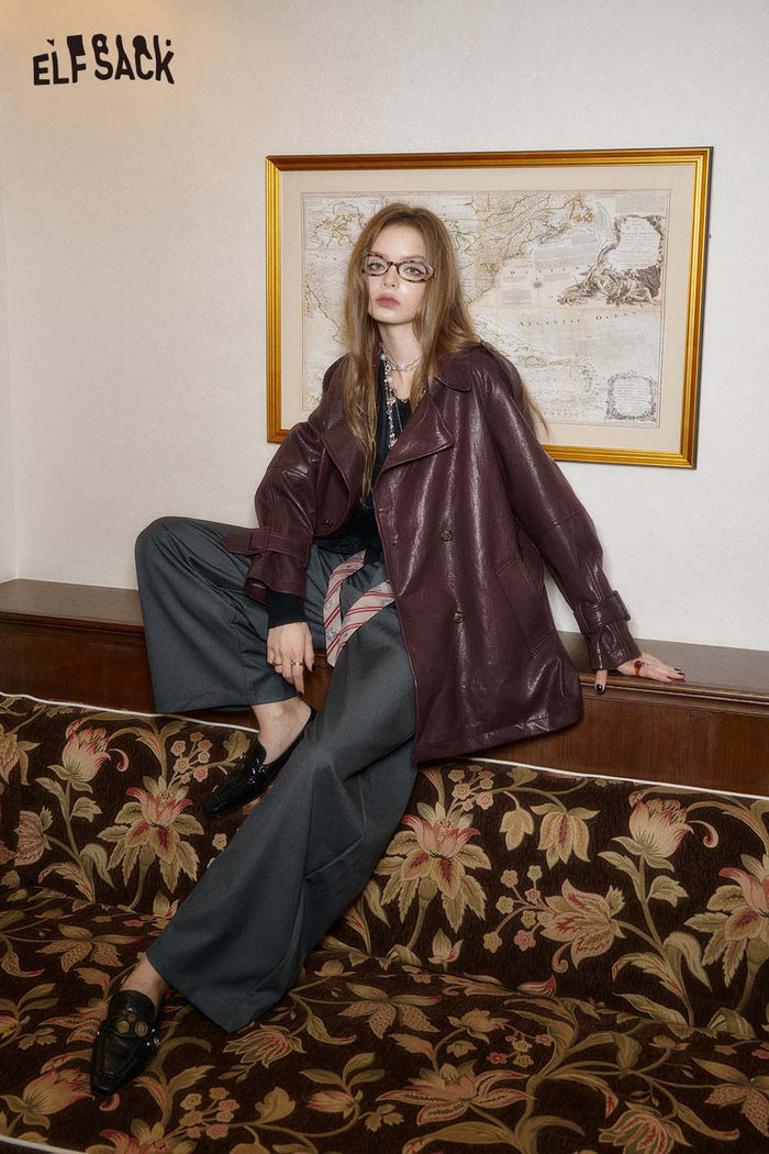 ELFSACK PU Leather Oversized Silhouette Double Breasted Closure Trench Coat