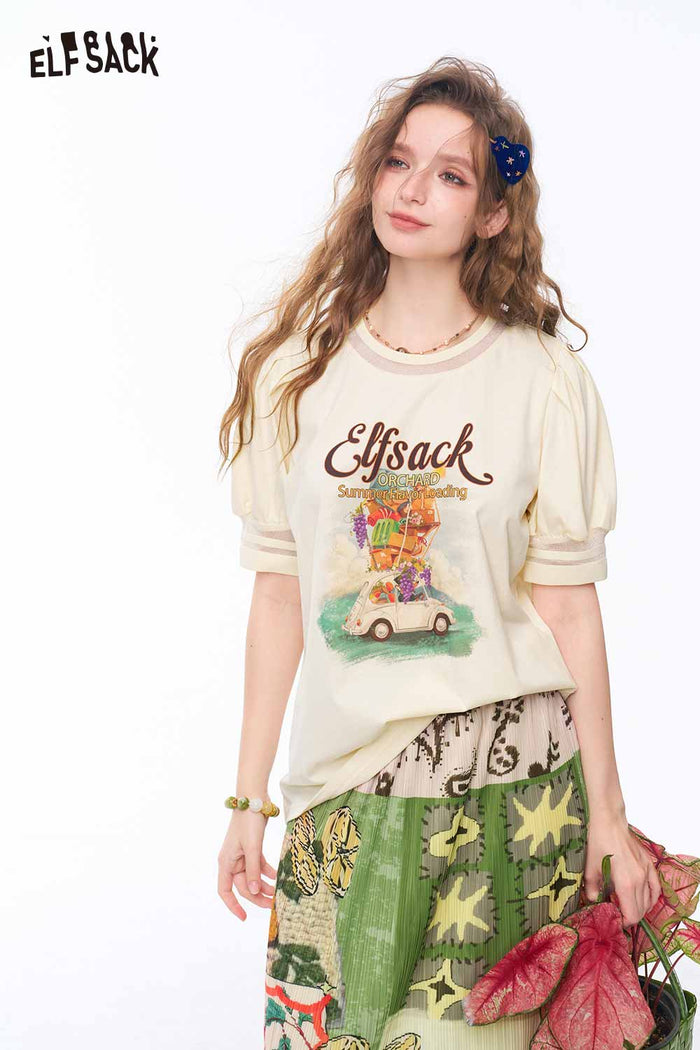 ELFSACK Puff Sleeve Retro Print Casual Tee