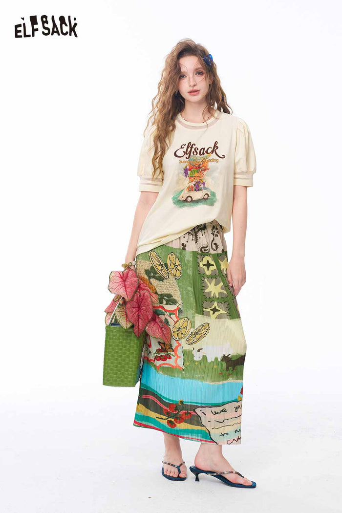 ELFSACK Puff Sleeve Retro Print Casual Tee