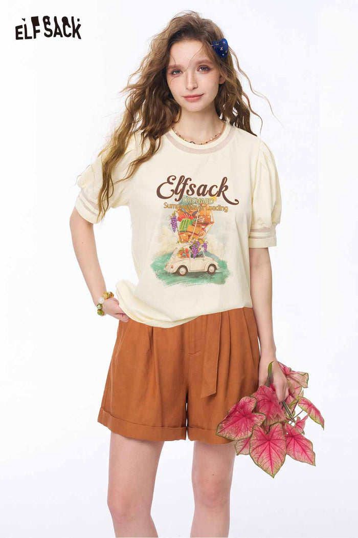 ELFSACK Puff Sleeve Retro Print Casual Tee
