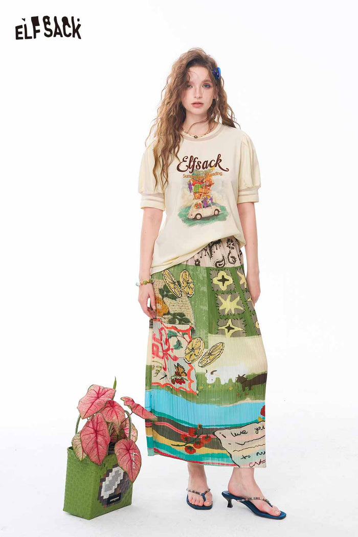 ELFSACK Puff Sleeve Retro Print Casual Tee
