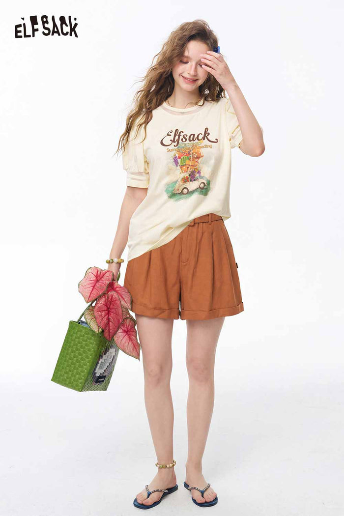 ELFSACK Puff Sleeve Retro Print Casual Tee