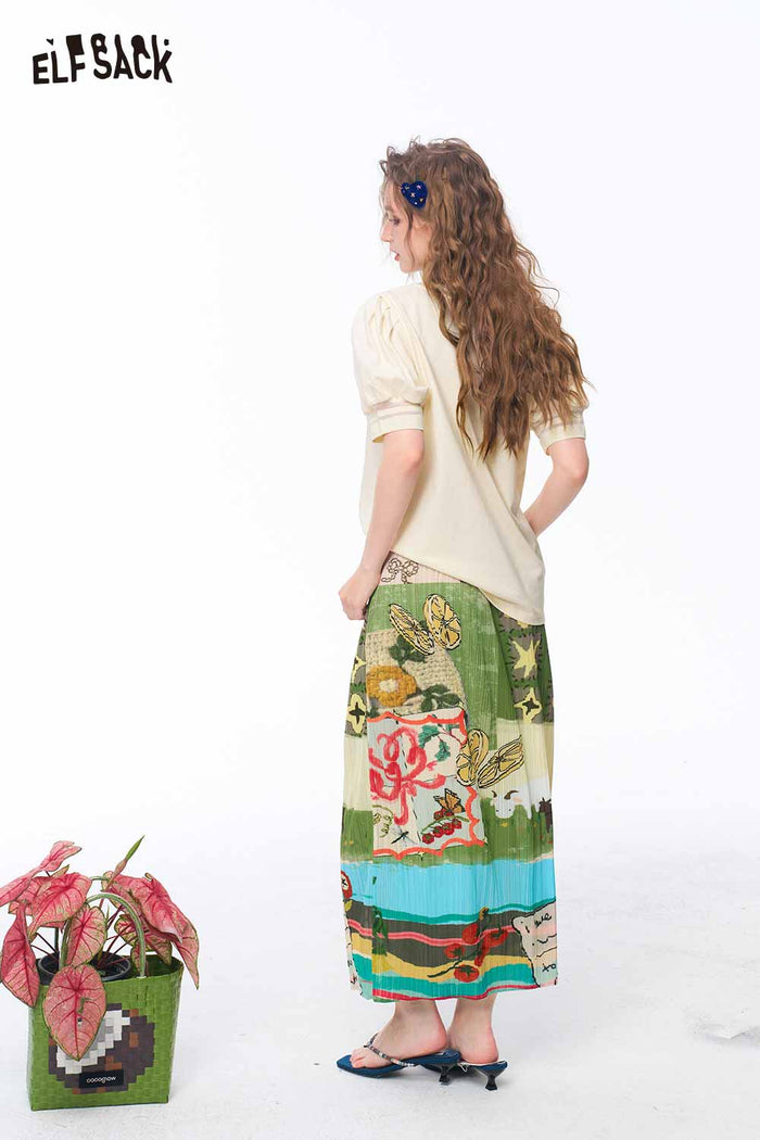 ELFSACK Puff Sleeve Retro Print Casual Tee