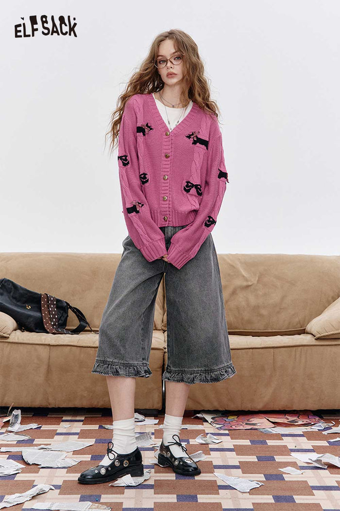 Puppy Print V-Neck Cropped Cardigan