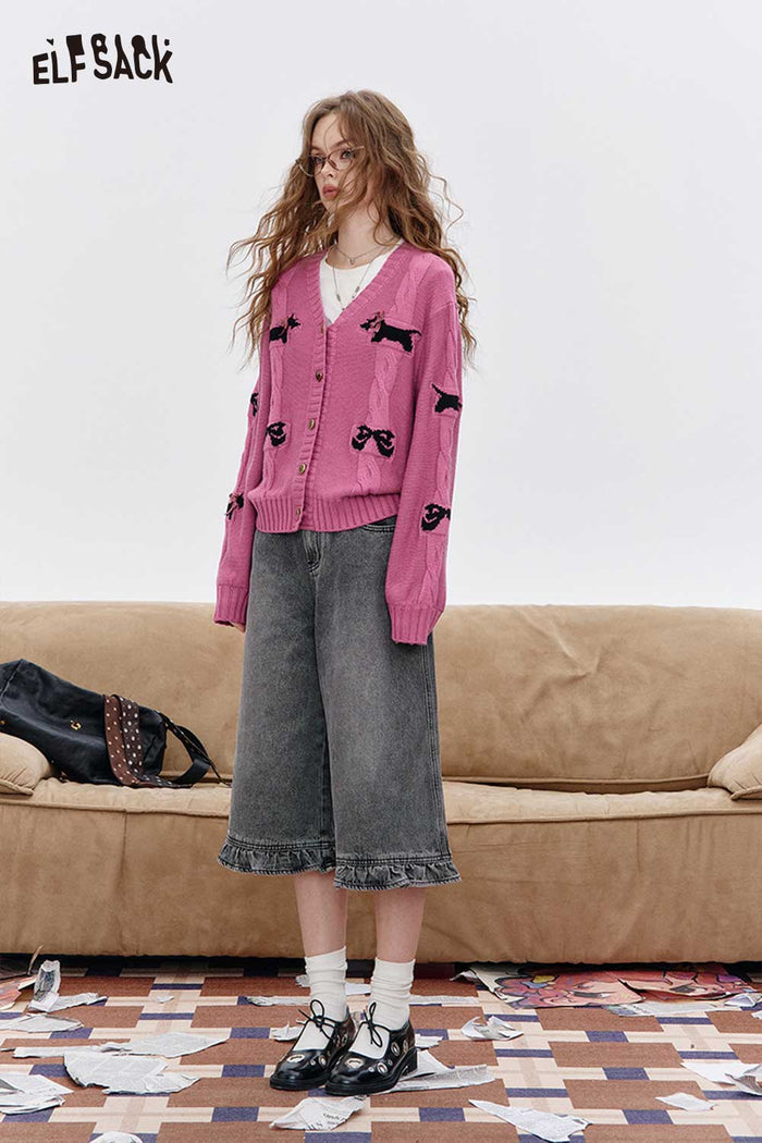 Puppy Print V-Neck Cropped Cardigan