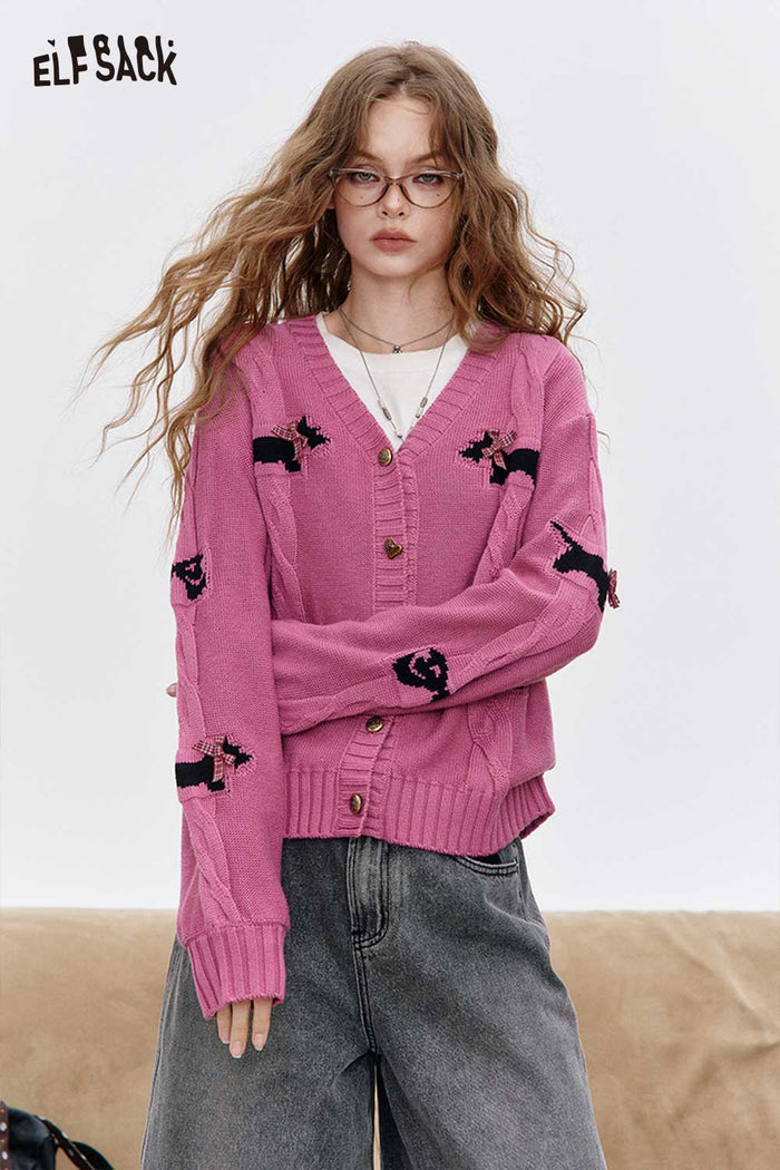 Puppy Print V-Neck Cropped Cardigan