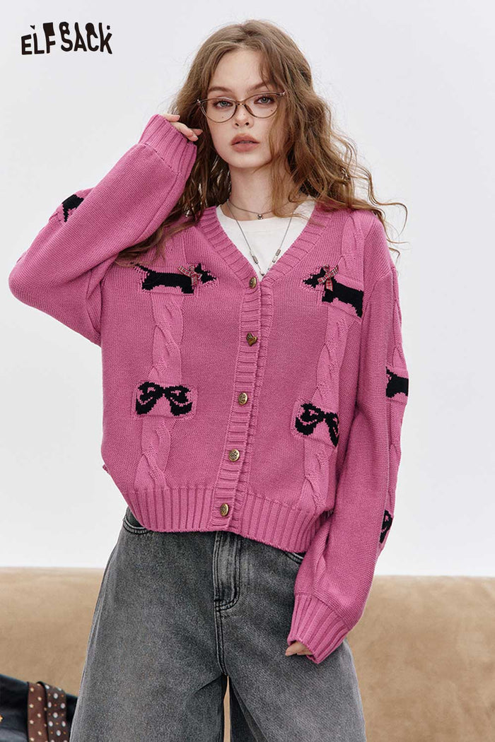 Puppy Print V-Neck Cropped Cardigan